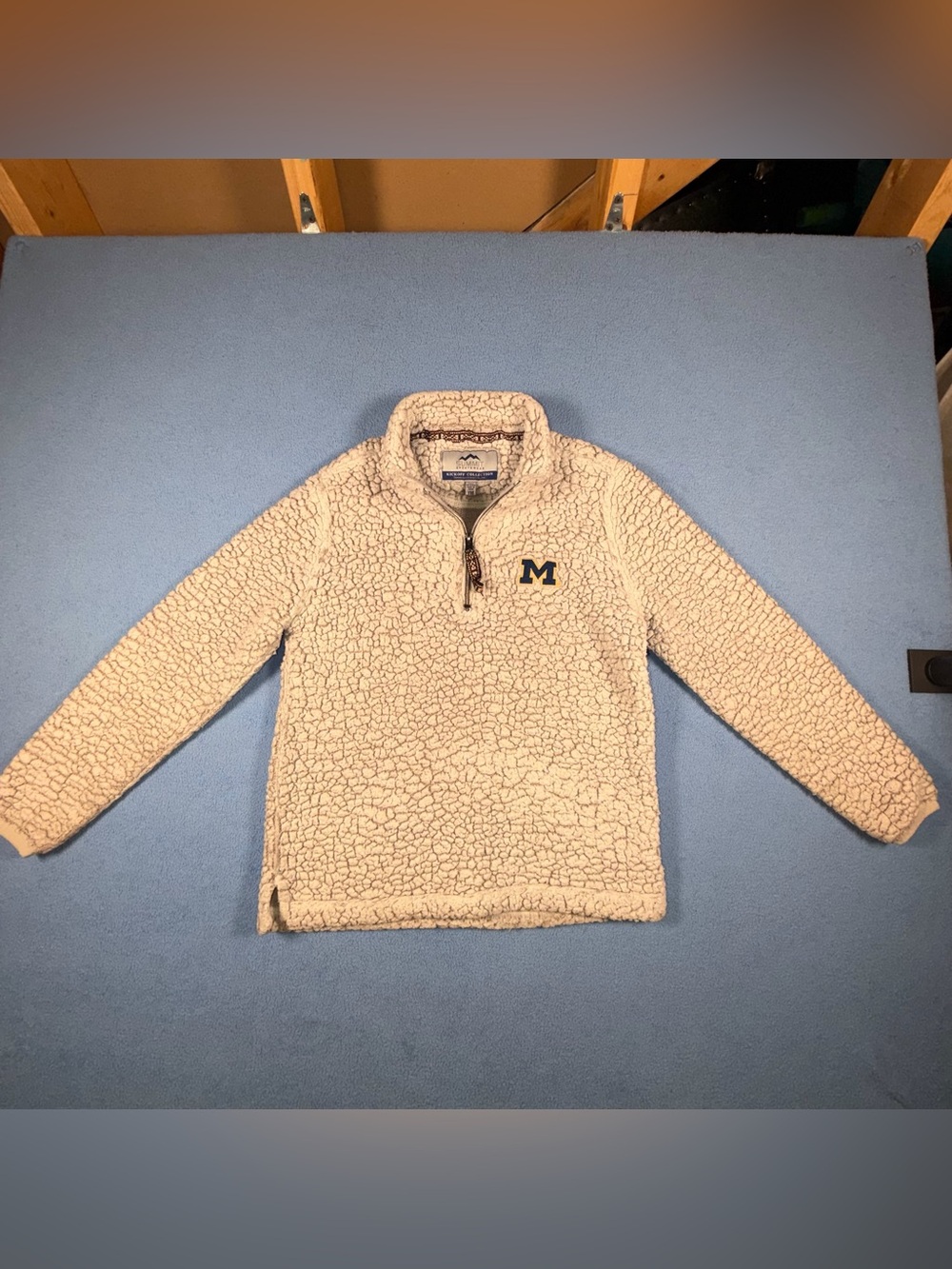 Cream Sherpa Quarter-Zip Pullover with Navy 'M' Logo for Kids Michigan Wolverine